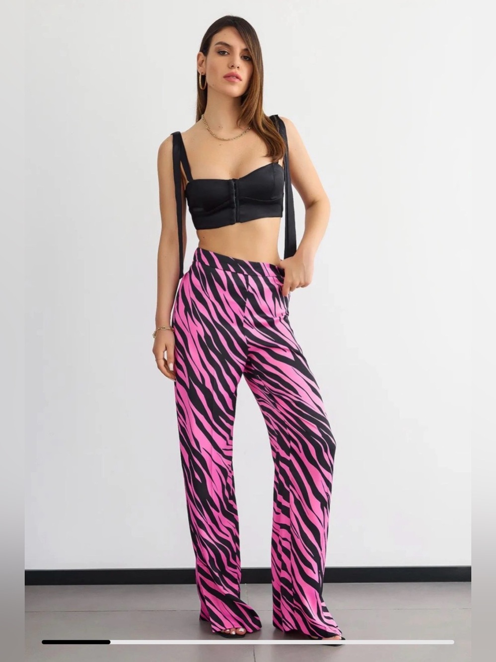 NWOT Zara Pink and Black Zebra Stripe Satin Effect Pants (M)